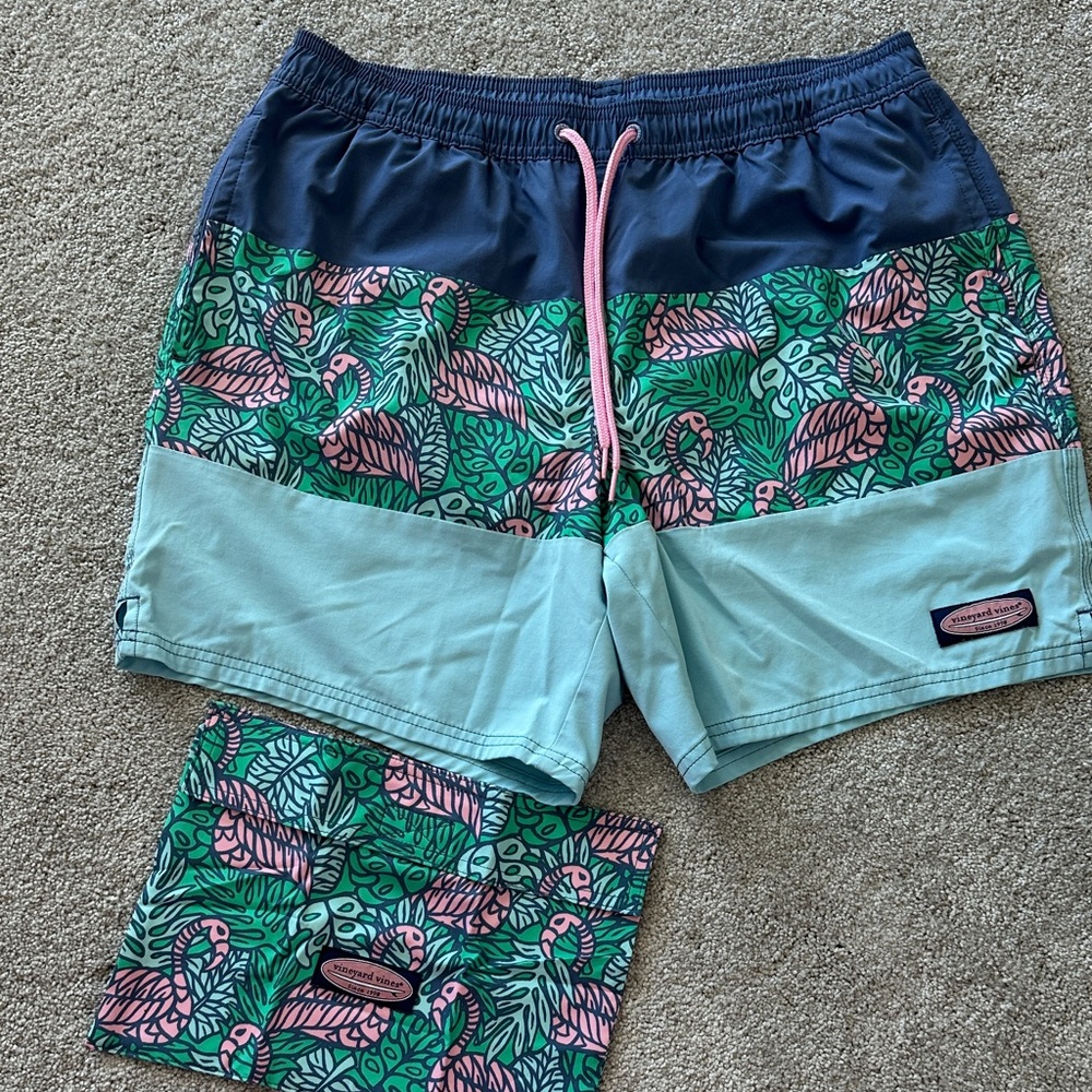 Vineyard Vines Navy and Teal Flamingo Swim Trunks
